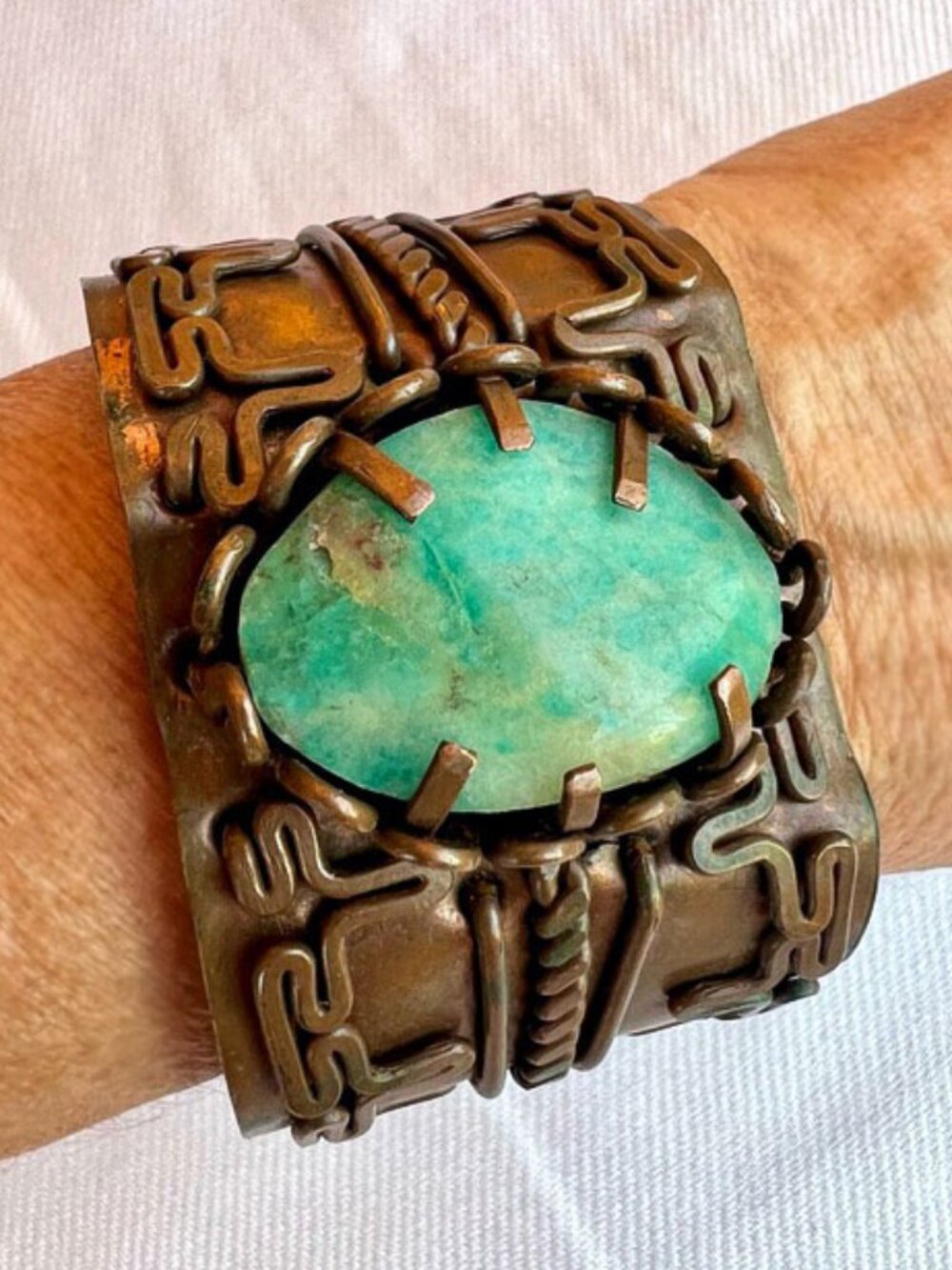 Vintage Mid-Century Modernist Mexican Brutalist Copper Cuff Leather Lined